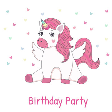 Cute cartoon unicorn with wings and a pink mane, sitting and smiling, surrounded by colorful pastel hearts. Adorable magical character in kawaii style, perfect for kids birthday invitations, greeting 