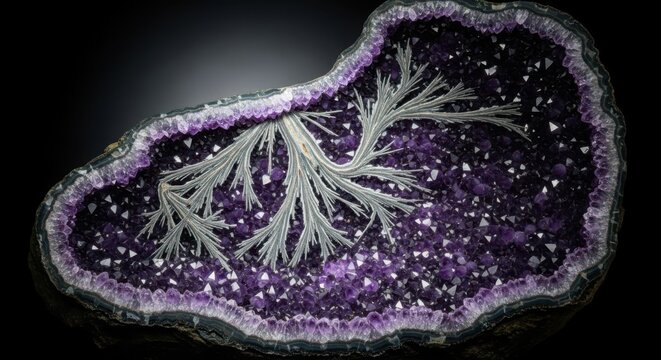 Intricate amethyst geode showcasing a delicate crystalline growth pattern within its vibrant purple interior