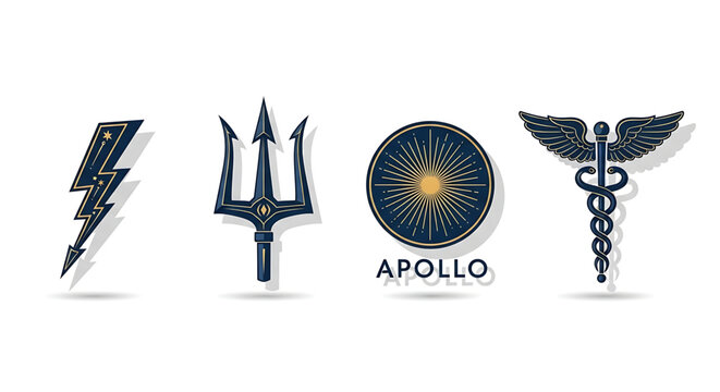 Set of greek mythology symbols, zeus lightning bolt, poseidon trident, apollo sun emblem and hermes caduceus staff