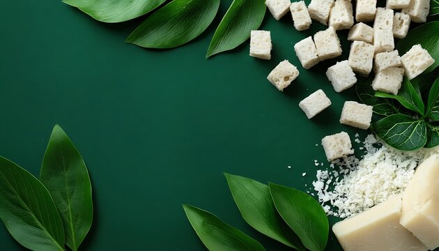 Fresh cubed feta cheese with crumbled pieces on dark green leafy background