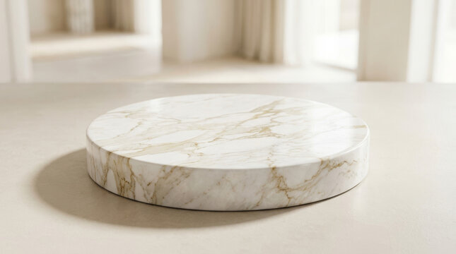 A sleek, circular marble platform with elegant golden veins, resting on a smooth surface. Ideal for modern decor and stylish presentations.