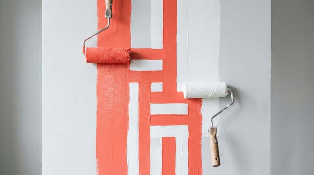 A creative wall painting with intersecting patterns in coral and white, showcasing paint rollers poised for touch-ups in a modern interior.