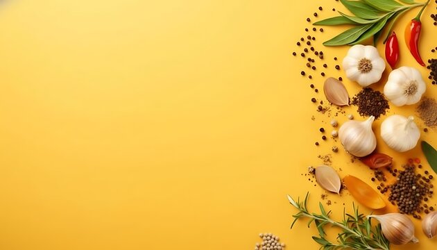 Fresh garlic cloves shallots ginger turmeric and spices on bright yellow background