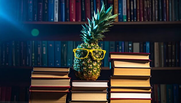 Scholarly Pineapple with Yellow Glasses atop Books
