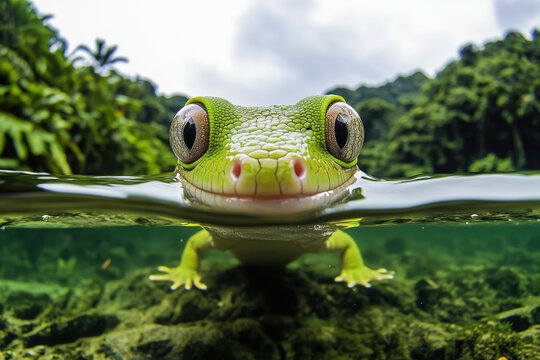 animal by ai, gecko sitting in shallow water looking at camera, closeup, tropical river background, photorealistic