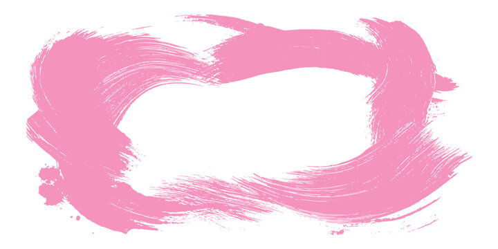 Abstract messy pink dry brush stroke oval frame with scattered paint splatters vector graphic background illustration.