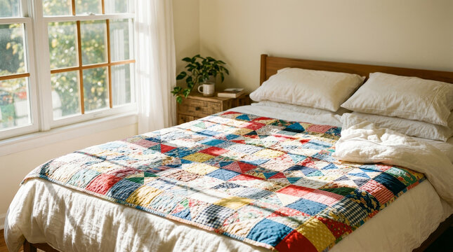 A cozy bedroom features a vibrant patchwork quilt on a neatly made bed, with sunlight streaming through large windows and a plant nearby.