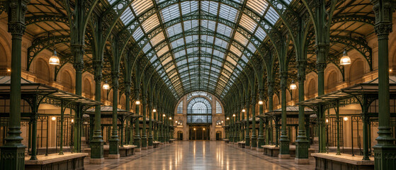 Obraz premium Grand arched hall with ornate columns and a vast glass roof, warm golden light reflecting on polished floors, creating a calm, historic atmosphere.