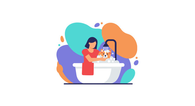 Woman bathing dog in bathtub with colorful background
