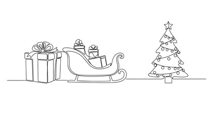 Fototapeta premium Continuous line drawing of a Christmas tree, gift boxes, and a sleigh filled with presents, symbolizing holiday gifting and festive celebrations