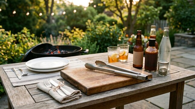 Outdoor dining setup with drinks and plates on wooden table  