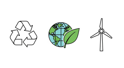 Obraz premium Eco friendly icons of recycling symbol, earth with leaf and wind turbine for sustainability