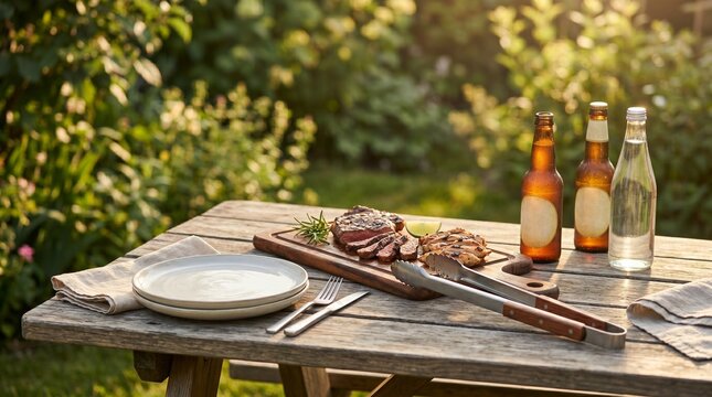 Outdoor dining table set with food and drinks in garden setting  