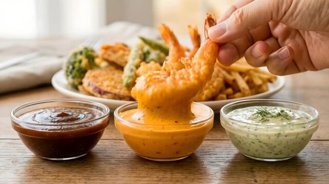 A close-up shot of a hand dipping a breaded shrimp into a creamy dipping sauce, with other dipping sauces and fried foods in the background