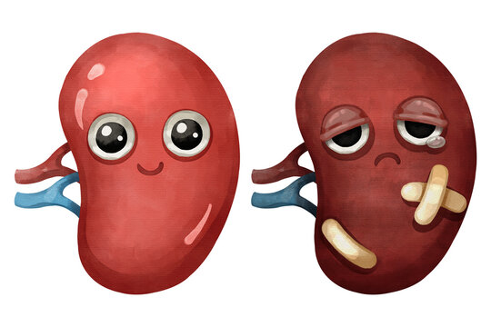 Healthy and sick spleen cartoon characters set. Hand drawn watercolor illustration comparing a happy organ with an injured organ with bandages.