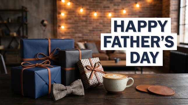 Happy father's day gifts with coffee on rustic wooden table