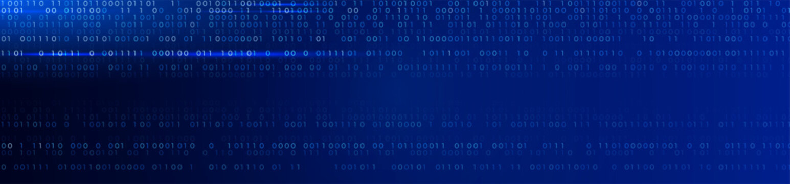 AI Data Stream Binary Code Blue Wide Background. Cyber Secure Data Flow, Speed Web Transfer Visualization Backdrop. Extended Digital Transformation. Safe Vibe Coding Programming. Vector Illustration
