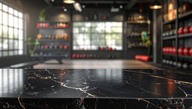 The black marble counter is empty, with the shelves of a Muay Thai gym serving as a blurred backdrop.