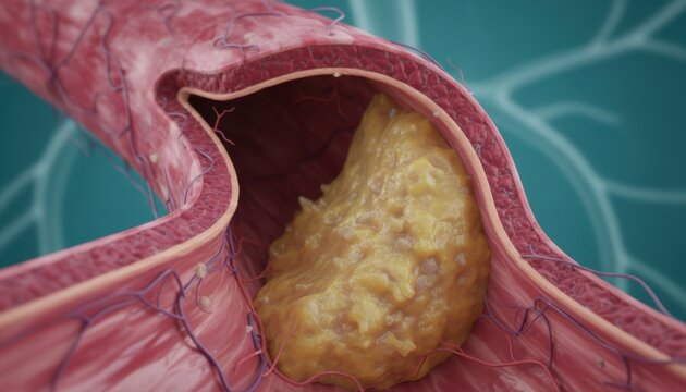 Cross section medical illustration showing heavy yellow cholesterol plaque blocking blood flow inside a human artery vessel