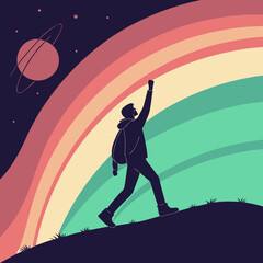 Person with backpack reaching for rainbow in space outer space backpack silhouette climbing © hiya