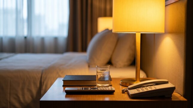 Cozy bedside table with lamp, books, and glass of water in hotel room  