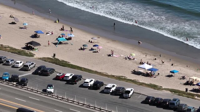Beach Goers Pacific Palisades Los Angeles Drone Aerial View