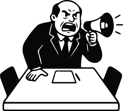 Angry businessman shouting into a megaphone at a meeting table in a black and white vintage cartoon style illustration
