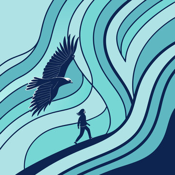 Person walking up a hill with a large soaring bird under a blue abstract patterned sky, abstract