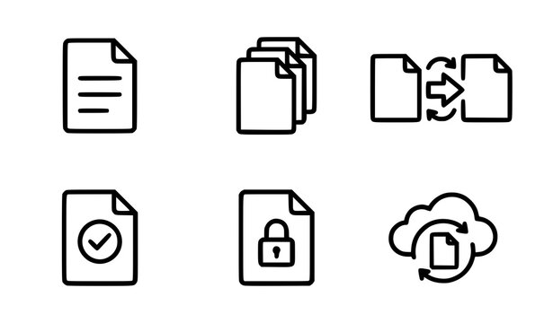 Flat Minimal Line Icon Set of Document Files, Paper Sheets and Digital Data Management Symbols for Office Use Vector Illustration