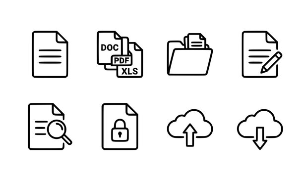 Office File Management Line Icons Set with Documents, Folders, Editing Tools and Data Storage Symbols Vector Illustration