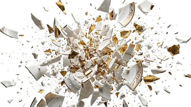 A powerful and dramatic explosion of shattered white ceramic fragments mixed with bursting brown earth and soil particles, frozen in mid-air against a white background. This high-impact conceptual ima