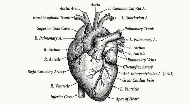 Detailed diagram of the human heart with labeled anatomy