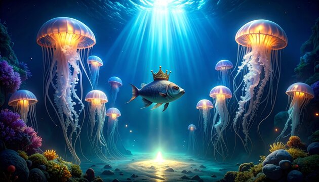 Royal fish with crown swims in mystical ocean court