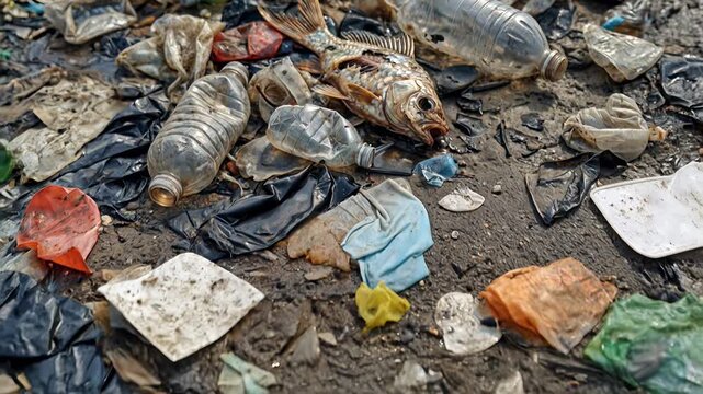 Decomposing aquatic life lying among plastic waste on polluted shoreline. Camera tilting down and panning across environmental damage.