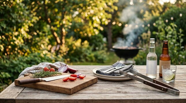 Outdoor barbecue setup with grilling tools and fresh ingredients  