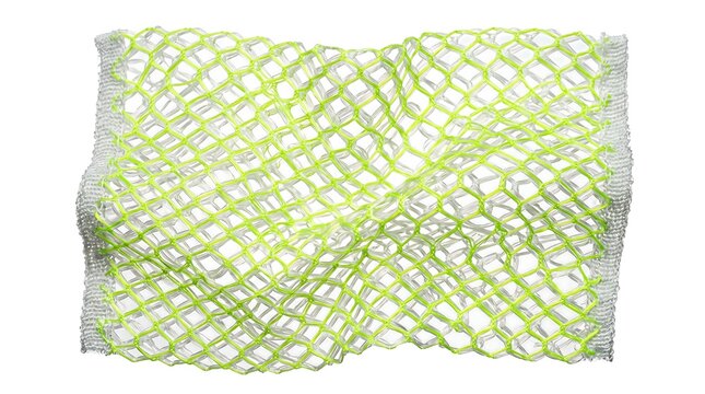 A visually dynamic 3D-rendered parametric mesh surface in vibrant lime and yellow-green tones, rippling in organic waves across a white background. This contemporary computational design object embodi