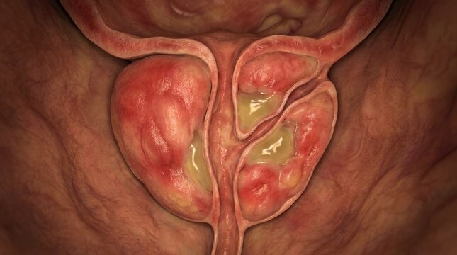 Internal prostate pathology: prostate gland, zonal morphology, inflame condition, clinical visualize, human anatomy, pelvic structure, reproduce system, urethra obstruct.