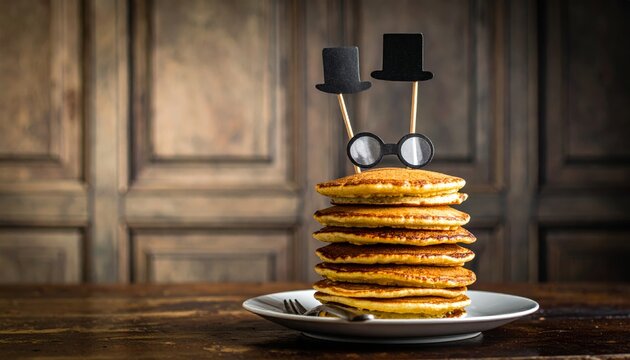 Stacked Pancakes With Whimsical Top Hats and Glasses