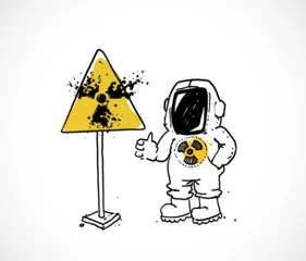 Hand-drawn character in white hazmat suit giving thumbs up next to radiation warning sign with black liquid splash effect. Doodle vector illustration for nuclear safety © elinacious