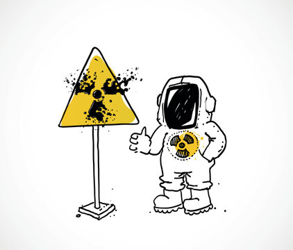 Hand-drawn character in white hazmat suit giving thumbs up next to radiation warning sign with black liquid splash effect. Doodle vector illustration for nuclear safety