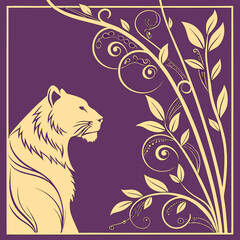 Golden tiger portrait with floral swirls nature art big cat line art nature inspired © hiya
