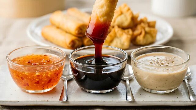 A close-up shot of three dipping sauces with a plate of spring rolls and wontons in the background, perfect for a food photography showcase