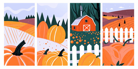 Obraz premium Autumn harvest scenes four vertical panels colorful illustration