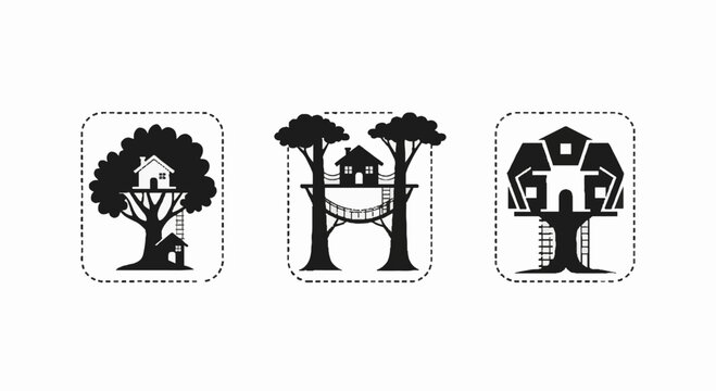 Three Creative Treehouse Designs in Minimalist Icons.