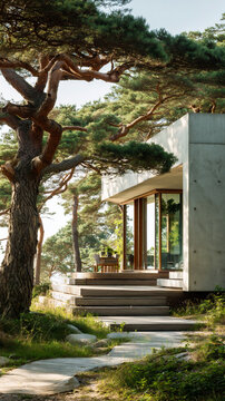 modern stilt house overlooking ocean, sleek coastal stilted home by the sea, luxury seaside villa on stilts with panoramic views