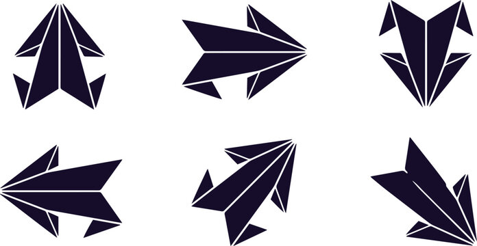 Geometric origami arrow vector set, abstract paper fold design elements, modern dark blue navigation symbols for digital interfaces and web design