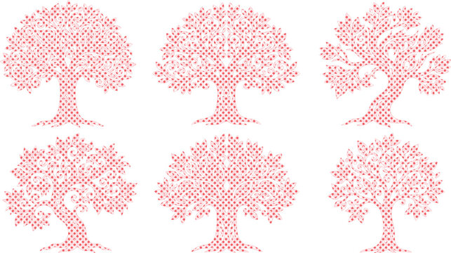 Cross-stitch tree vector set, embroidered forest motif, decorative needlework nature illustration, traditional folk art design elements isolated on White Background