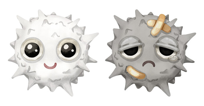 Healthy and sick white blood cell cartoon characters side by side. Hand drawn watercolor illustration showing a comparison of immunity and infection.