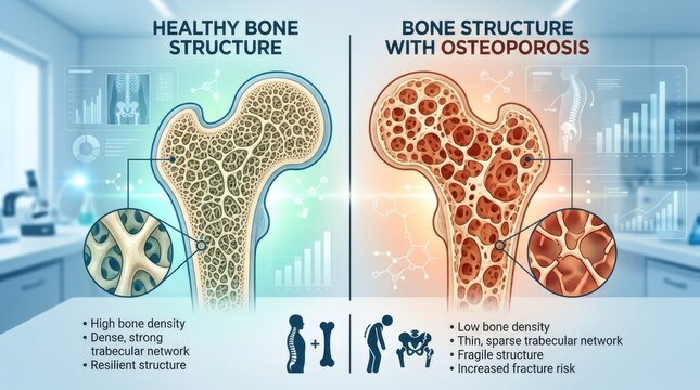 Skeletal integrity decline: healthy bone, osteoporosis disease, mineral density, trabecular network, fragile structure, fracture risk, porous matrix, cellular anatomy.