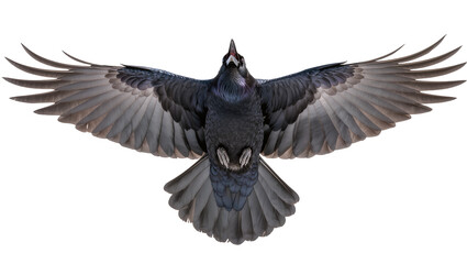 Obraz premium Dark raven bird with outstretched wings in flight, isolated on transparent background
